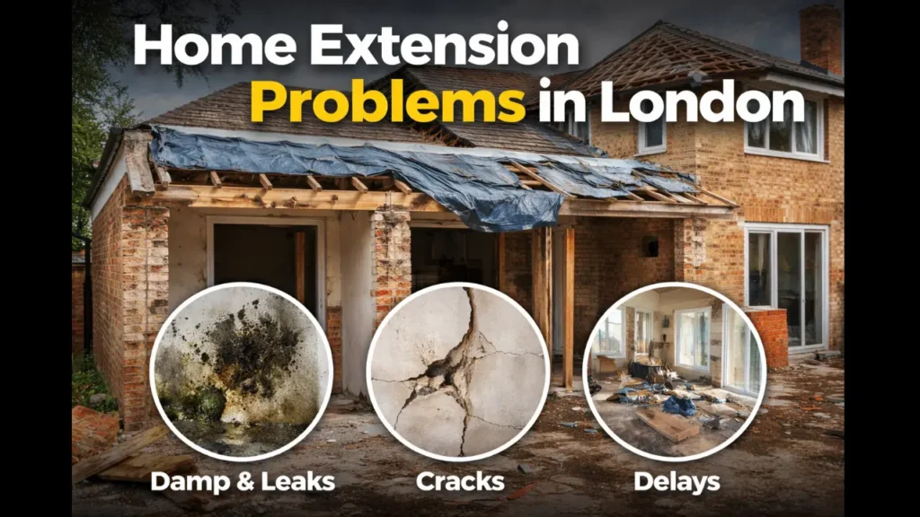 Home extension problems in London by Offset Structures showing damp issues, wall cracks and construction delays in residential property