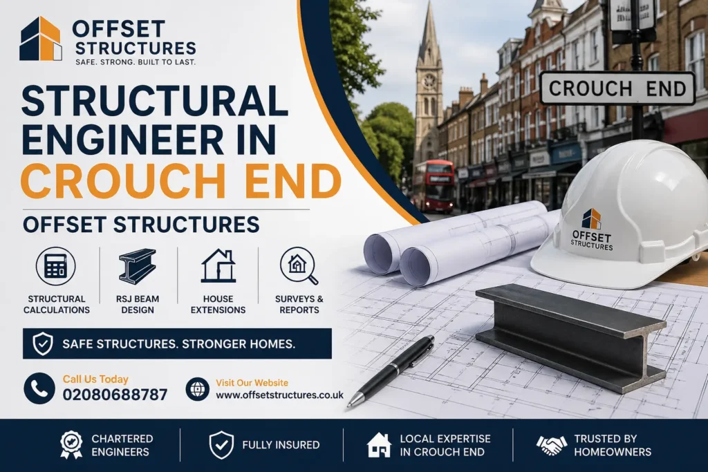 Structural engineer in Crouch End by Offset Structures showing professional engineering services, RSJ beam design, structural drawings, and local London property expertise