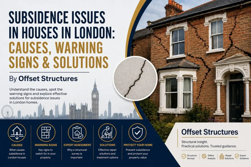 Subsidence issues in houses in London showing warning cracks, causes and structural repair solutions by Offset Structures