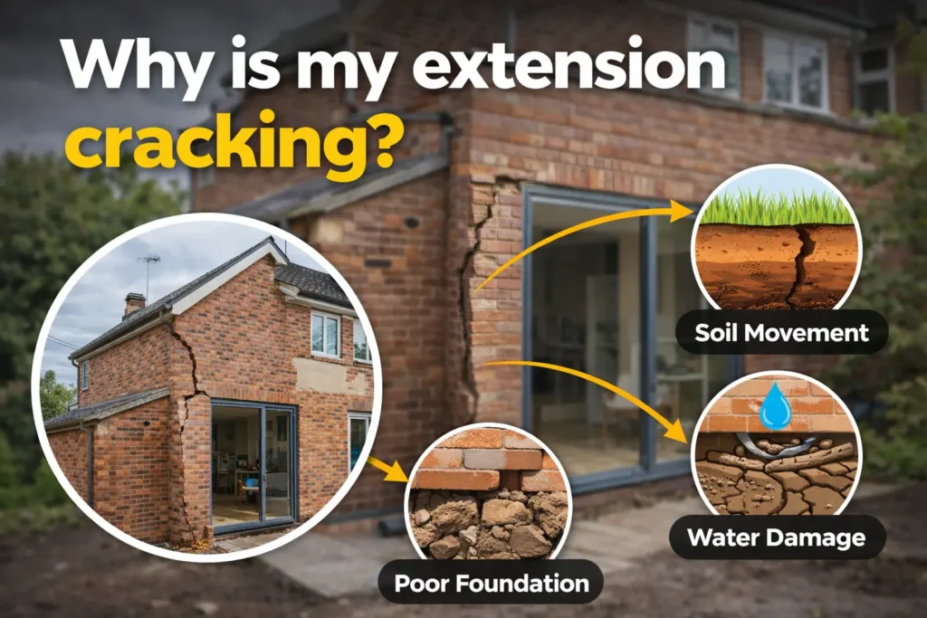 Why is my extension cracking showing structural issues like soil movement, poor foundation and water damage in residential property