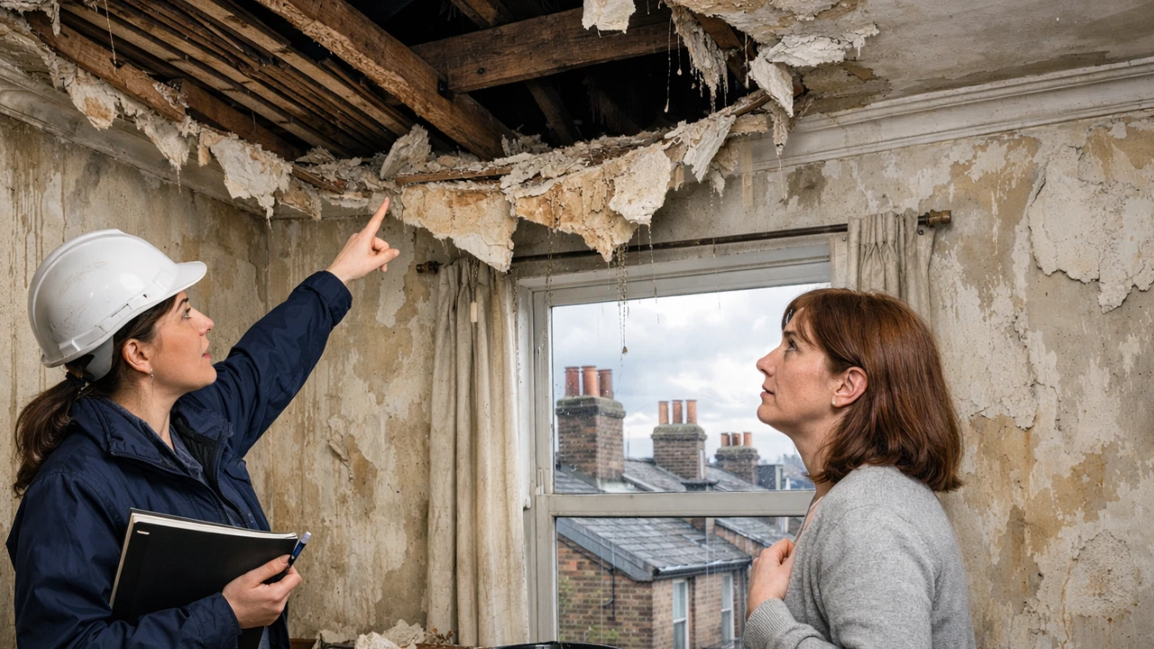 Ceiling and Roof Problems House in London, showing leaks, cracks, and structural damage, with Offset Structures inspecting and repairing the home