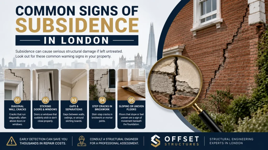 Common signs of subsidence in London homes showing wall cracks, sticking doors, uneven floors, brickwork cracks, and structural movement by Offset Structures.