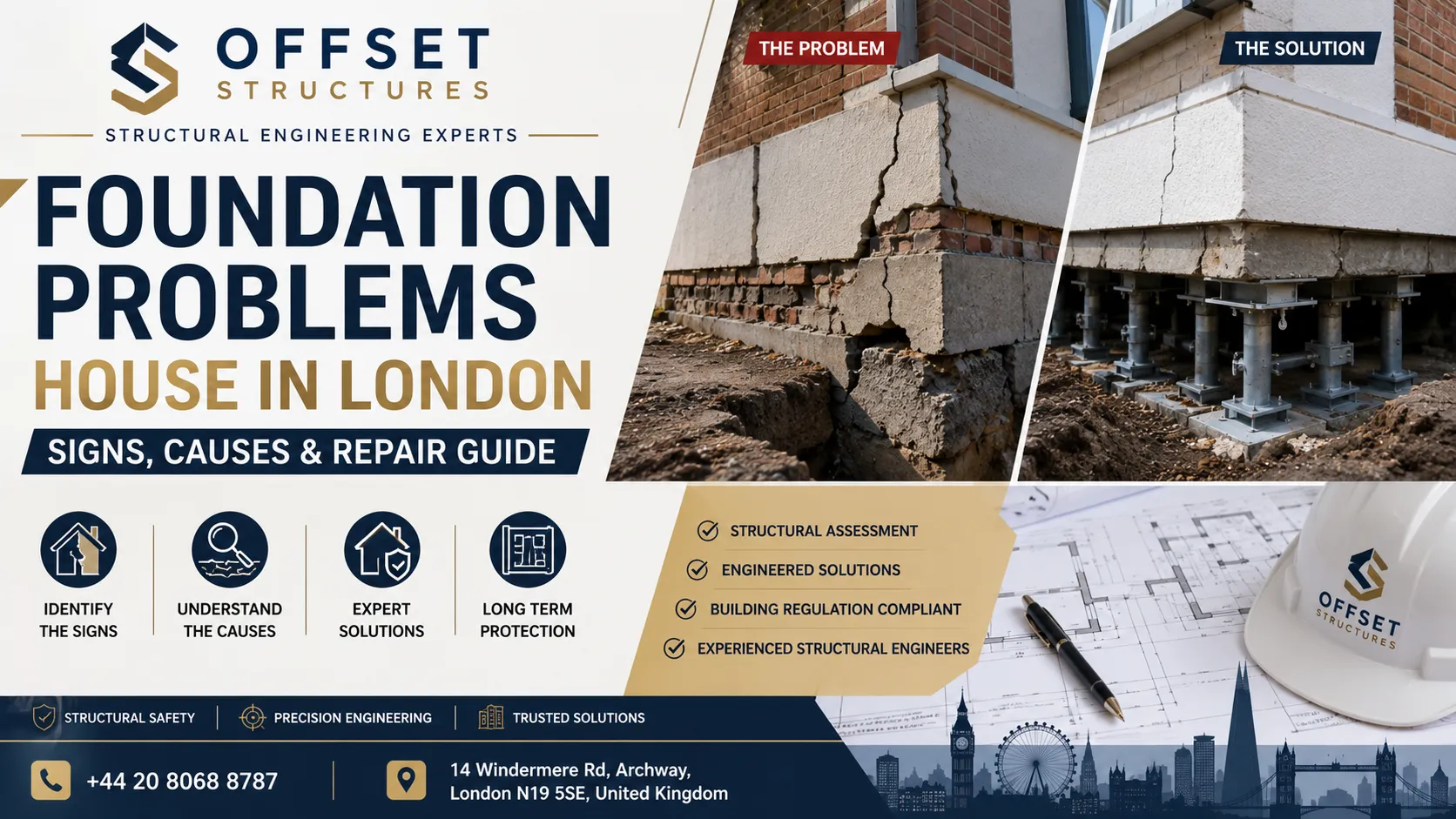 Foundation problems house in London showing wall cracks, subsidence signs, and structural foundation repair solutions by Offset Structures.