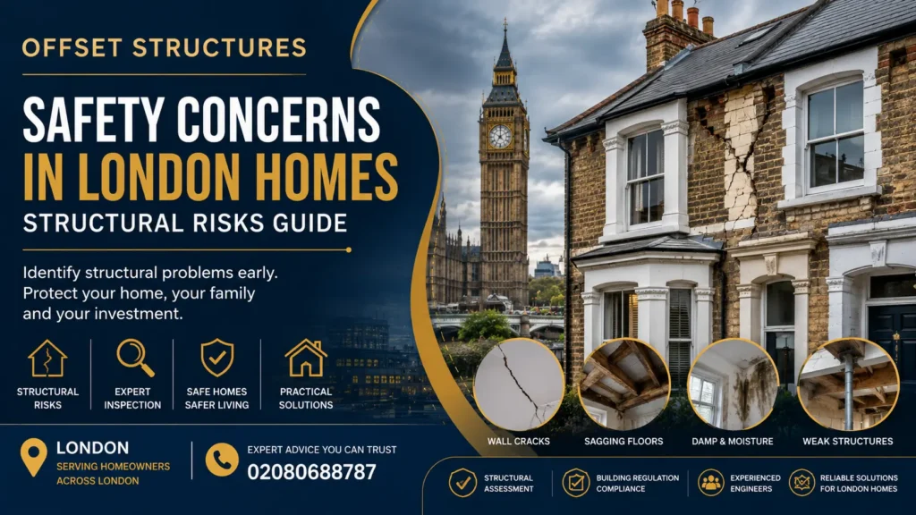 Safety Concerns in London Homes showing structural risks, wall cracks, damp issues, sagging floors, and professional structural inspection services by Offset Structures London