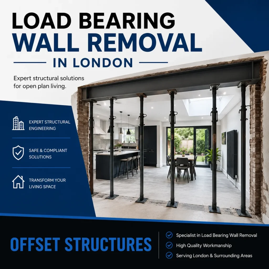 Load bearing wall removal in London by Offset Structures showing steel beam installation and open plan renovation
