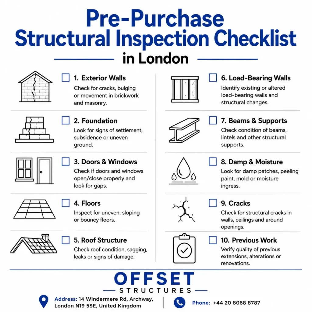 Pre-Purchase Structural Inspection Checklist in London infographic by Offset Structures showing foundation, cracks, roof, damp, beams, and structural inspection points for property buyers.