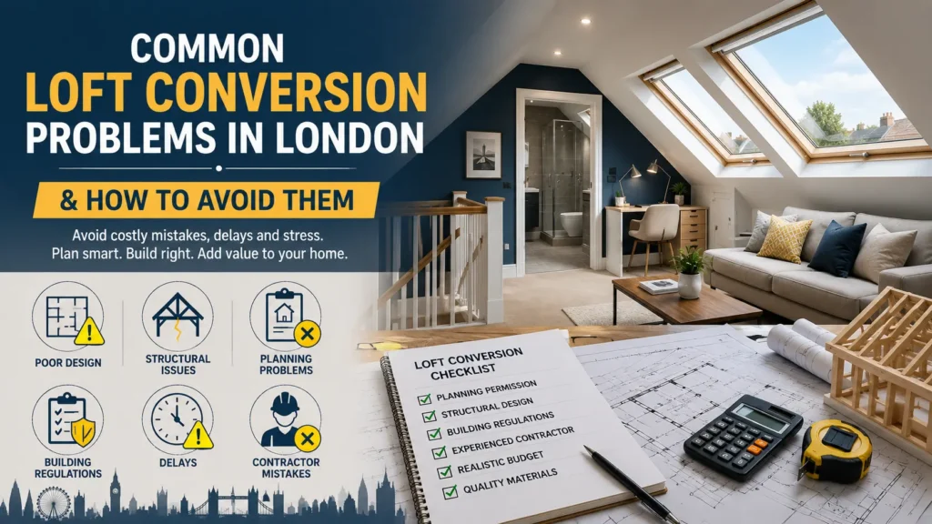 Common loft conversion problems in London including poor design, structural issues, planning permission challenges, Building Regulations compliance, delays, and contractor mistakes.