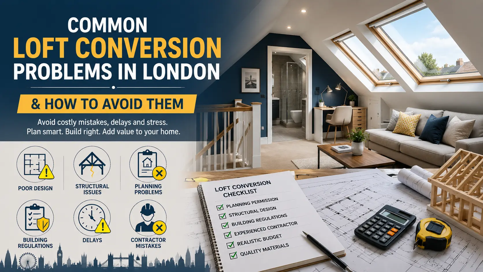 Common loft conversion problems in London including poor design, structural issues, planning permission challenges, Building Regulations compliance, delays, and contractor mistakes.
