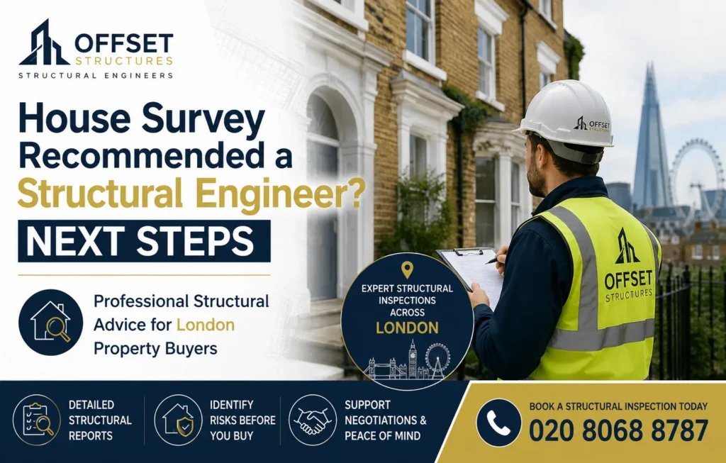 House survey recommended a structural engineer next steps for property buyers in London by Offset Structures
